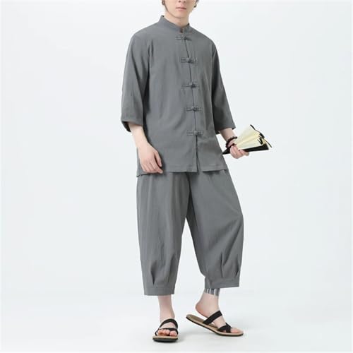 Cotton Linen Men's Casual Outdoor 2-Piece Suit Shirt with Pants Beach Short Sleeve Sets2