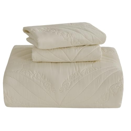 Image of Kingnex Oversized King Bedspreads 128x120 for Tall King or Cal King Bed Ultrasonic Quilted Coverlet Set 3 Piece Include 1 Extra Wide Quilt 2 Pillowcases Beige