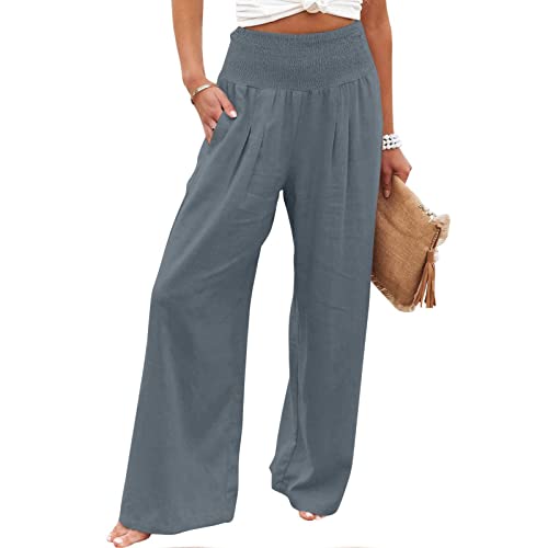 Womens Summer Pants Trendy High Waist Cotton Linen Palazzo Pants Smocked Wide Leg Boho Beach Travel Outfits