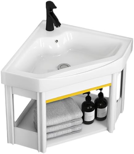 Corner Wall Mount Bathroom Sink with Floating Cabinet, Modern Vessel Design with Overflow, Space-Saving Utility Sink for Small Bathrooms,White15In/38Cm,White15In/38Cm