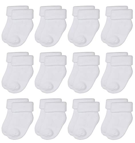 RATIVE Newborn Hospital Thick Terry Turn Cuff Socks For Baby Boy and Girl (0-6 months, 12-pairs/pure white)