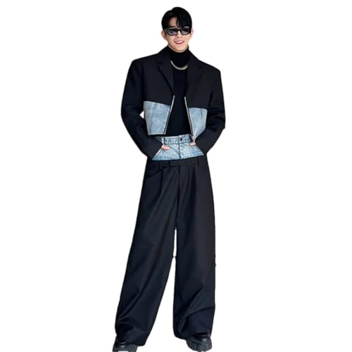 Mens Patchwork Short Cropped Denim Jackets And Wide Leg Pants Set Fashion 2 Pieces Suit