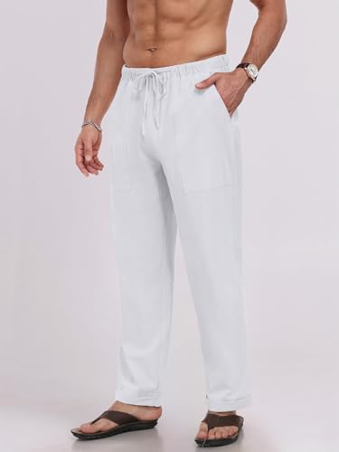 Puimentiua Leinenhose Herren,Lang Leichte Sommerhose,Loose Fit Sommer Leinen Hose,Baumwollehosen mit Tunnelzug und Reißverschluss (Weiß,M)