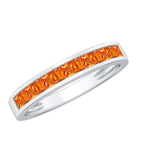 Certified Lab Grown Orange Sapphire Anniversary Band, AAAA Quality, Princess Cut Wedding Ring for Women - Ready To Gift