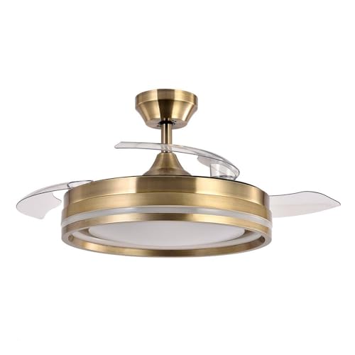 Lampara ventilador techo Dorado Cerrato | Ventilador retráctil DC 6 velocidades | Ventilador de techo con luz 72W 7200Lm mando