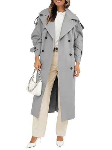 Muchpow Women's Long Trench Coat Double Breasted Lapel Oversized Windproof