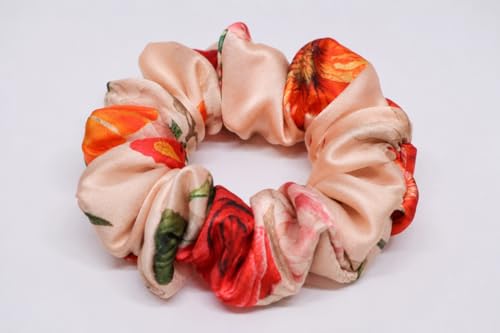 Image of Satin Scrunchies Hair Bands for Women | No-Damage Elastic Hair Ties for Ponytails & Buns | Fluffy & Stylish Rubber Bands | Free Size | Pack of 4 | Angel Blush Lg (Large Size)