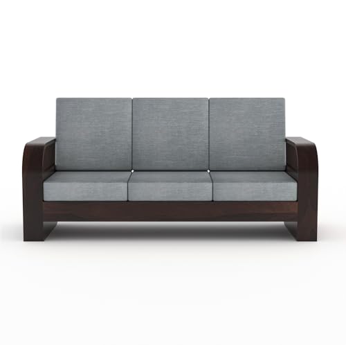 Image of Sheesham Wood 5-Seater Sofa Set - Solid Wood Furniture with Walnut Finish & Grey 40-Density Cushions | Wooden Sofa for Living Room & Home Office