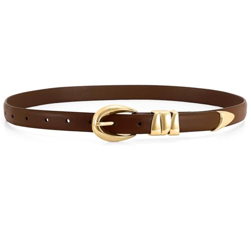 JasGood Damen Ledergürtel Mode Goldschnalle Schmaler Gürtel Damen für Jeans Hosen Kleider Damengürtel,Kaffee,100cm