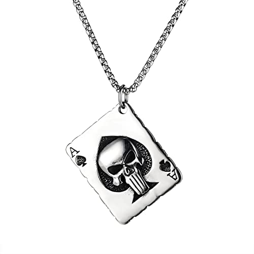 Aroncent Collier pour Homme Vintage Hip Hop As de Pique Crâne Carte à Jouer Pendentif en Acier Inoxydable