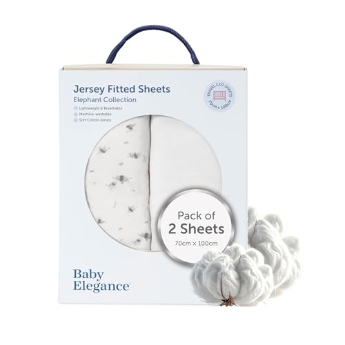 Baby Elegance Travel Cot Sheets Pack of 2 | 70 x 100 cm Baby Travel Cot Sheets Fitted | Machine Washable Soft & Breathable Premium-Quality Jersey | Includes 2 Sheets - Elephant Whimsical Design