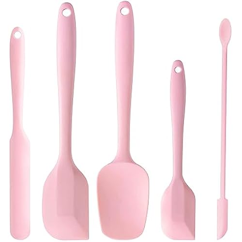 5 Piece Pink Silicone Spatula Set, Heat Resistant Rubber Spatulas Set, Silicone Kitchen Utensils Set Dishwasher Safe for Nonstick Cookware Baking Cooking