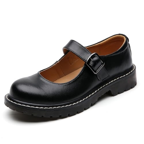 XMM Mary Jane Shoes Women Oxford Shoes Leather Round Toe Flats Non-Slip Ankle Buckle Strap Comfort Casual Dressy Cosplay Party School Work Shoes Black US 8