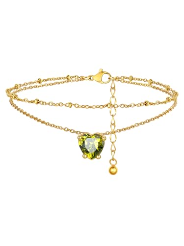 FindChic Bling Heart Birthstone Anklets Layered Beaded Ankle Bracelets for Women Gold/Black/Silver 12 Month Gem Colors Foot Chain Summer Jewelry for Girls, with Gift Box