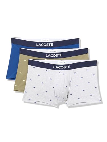 Lacoste Men's Cotton Stretch Mini Croc Print Trunks, 3-Pack, Khaki Green/Grey/Blue, Small