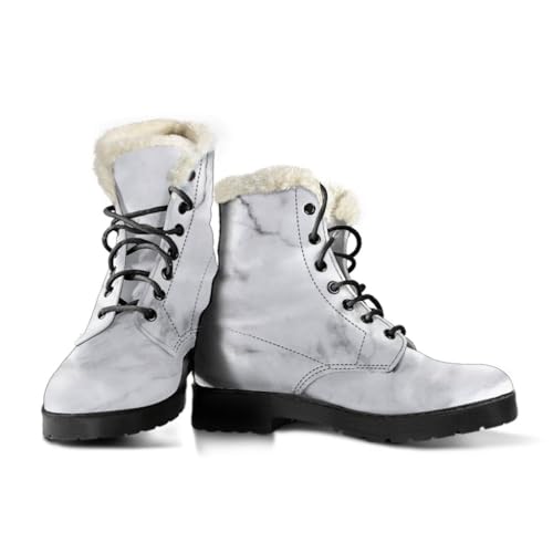 Faux Fur Leather Boots - White Smoke Marble Print Design