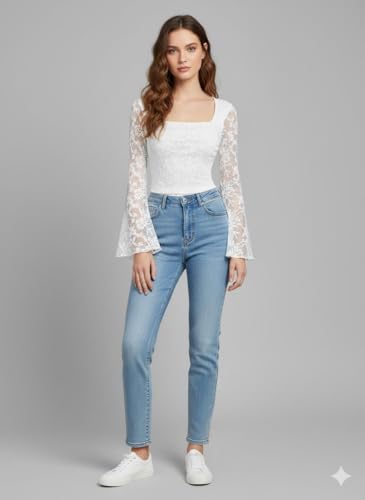 Image of Women's White Lace Top with Bell Sleeves | Square Neck Fitted Blouse | Elegant Long Sleeve Floral Lace Top for Casual Wear, Party, Date Night & Going Out