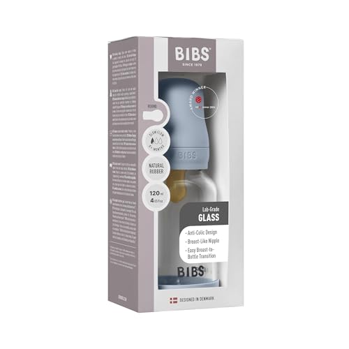 Image of BIBS Baby Glass Bottle. 4 US fl oz / 120 ml. Anti-Colic. Vented Round Natural Rubber Latex Nipple. Supports Natural Breastfeeding, Slow Flow, Complete Set - Baby Blue