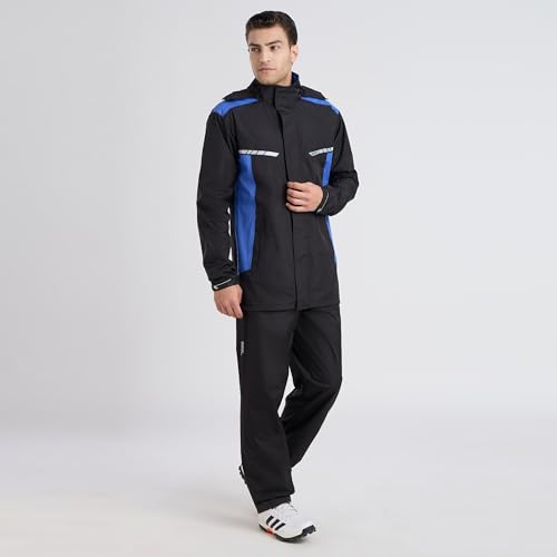 Image of ZEEL Raincoat with Adjustable Hood, Polyester Waterproof Full Sleeves, Backpack Friendly Pleate, Top and Bottom Set Rainwear, Front Zip with Snap Button Flap (EJS502, Black-Wave, XXL)