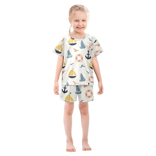 Cartoon Anchor Sailboat Pajama Set, Short Sleeve Cotton Sleepwear Nightwear3