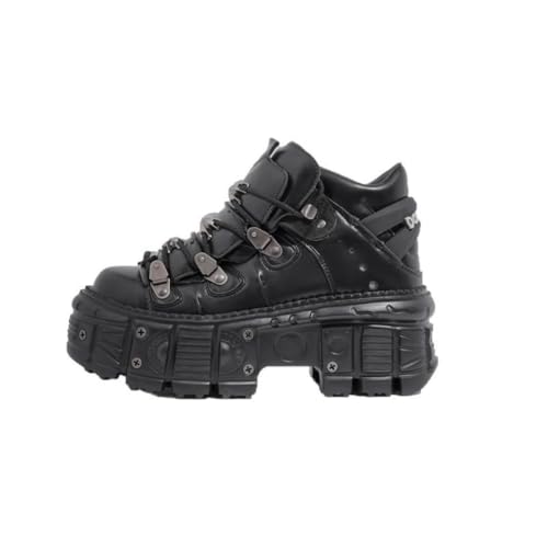 Cute Emo Shoes Platform Y2K Grunge Black Heels Wide Combat Boots with Metal Charms for Women Teen Girls Chunky Goth Punk Kawaii Retro Gifts for Daughter Granddaughter Back to School