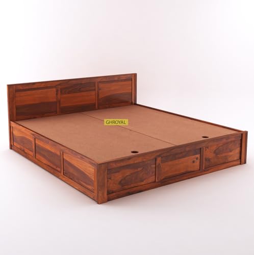 Image of Solid Sheesham Wood King Size Bed with Box Storage for Bedroom Furniture Wooden Palang for Living Room Furniture (Honey Finish)