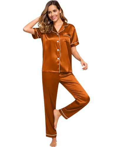 Image of SWOMOG Women Satin Pajamas Set Short Sleeve Top & Pants Sleepwear Silky Button Down Nightwear 2pcs Loungewear Pjs Set