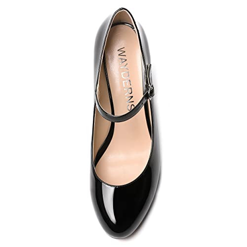 WAYDERNS Womens Patent Round Toe Buckle Fashion Adjustable Strap Mary Jane Dating Wedge High Heel Pumps Shoes 3.3 Inch3