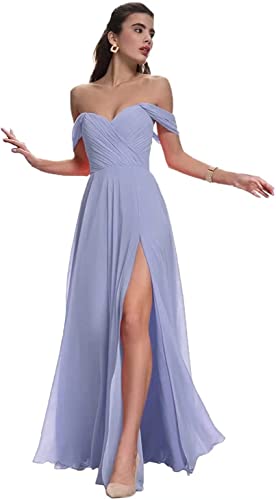 N/ C Vestidos de dama de honor para mujer, con hombros descubiertos, de gasa, vestido de graduación, vestidos formales para invitados de boda, morado, 36