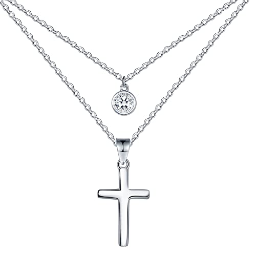 REIOT Collar Cruz Mujer 925 Plata con Cadena en Capas, Regalo Navidad,Ideas de Regalos de Feliz Cumpleaños Para Mujeres Cover