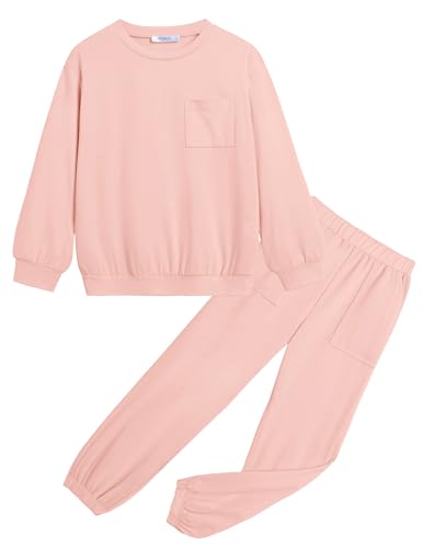 Arshiner Girls Fall Sets Casual 2 Piece Outfits Drop Shoulder Roundneck Tops and Sweatpants with Pockets Kids Clothes