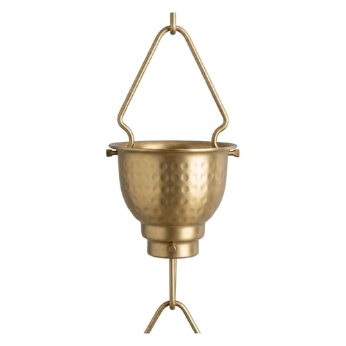Image of Rain Chain - Brass Powder Coated 8.5 Feet Length Metal Rain Chain for Garden Decor - Rust Proof Long Lasting Rain Chain with Gutter Adaptor and Clip Installer - Rain Chain Downspout for Gutter