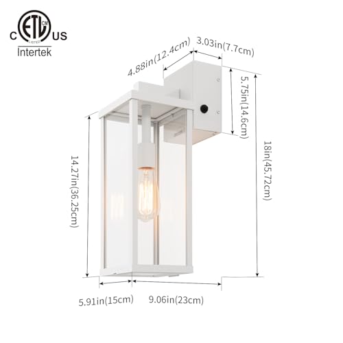 Image of mirrea 18 inch Classic Outdoor Wall Sconce with Built-in GFCI Outlet 1 Light in Matte White Rectangular Metal Frame and Clear Glass Shade Waterproof Porch Light Patio Light