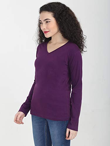 Image of FLEXIMAA Women's Cotton Plain V Neck Full Sleeve T-Shirt