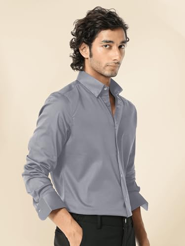 Image of IndoPrimo Men's Satin Shirt with Spread Collar Neck Line Solid Pattern Full Sleeves Regular Fit Western Style and Standard Length