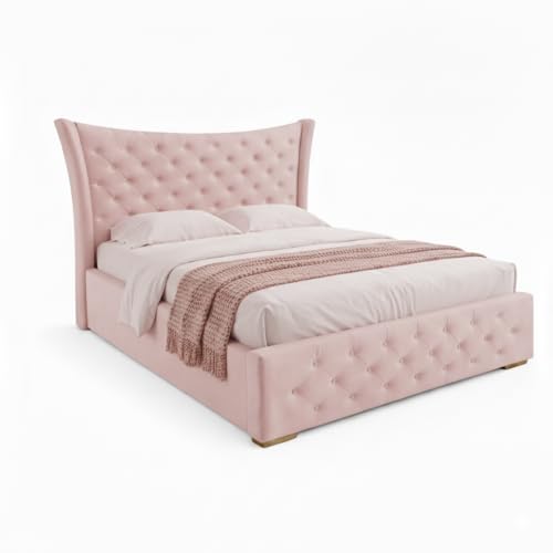 Image of Pearl Upholstered Queen Size Bed with Box Storage for Bedroom | Elegant Wooden Double Bed with Storage | Platform Cot Palang with Tufted Headboard | 6.5 x 5 Ft | Sheesham Wood | Mauve