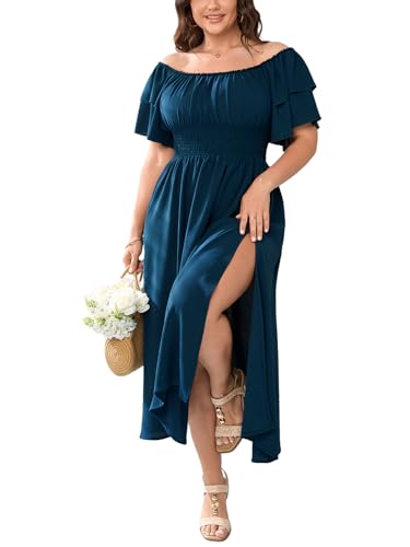 Plus Size Maxi Dress Off The Shoulder Ruffle Smocked Wedding Guest Cocktail Slit Hem Flowy Dresses for Curvy Women Lake Blue