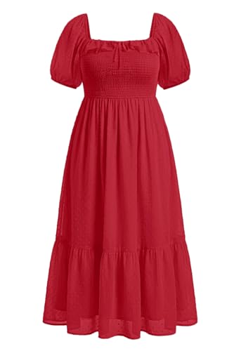 Image of Plus Size Summer Dresses - Swiss Dot Smocked Square Neck Puff Sleeve Boho Maternity Maxi Dress for Baby Shower Wedding Guest