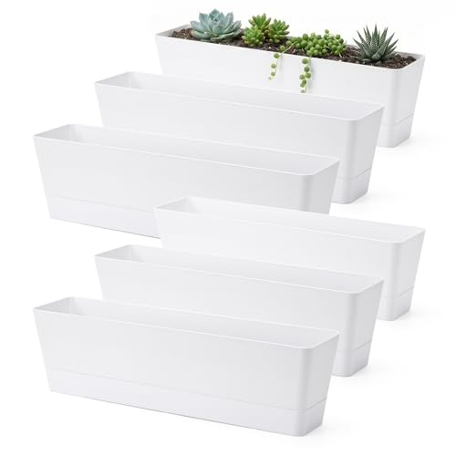 Image of GREANER Long Window Boxes Planters, 6 Pack 16x3.8 Inch Vegetable Box Pot with Tray, Indoor Succulent Cactus Flowers Plastic Rectangle Pot for Balcony, Office, Garden, Outdoor, Windowsill - White