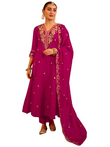 Image of Naixa Women's Vichitra Silk Embroidered Flared Kurta with Pant and Dupatta Sets (NX5-695)