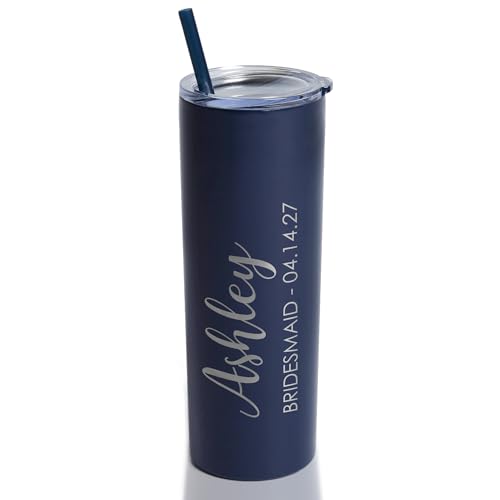 Lifetime Creations Personalized Bridesmaid Proposal Gift Tumbler with Straw 20 oz - Custom Engraved Maid of Honor, Bridal Party, Stainless Steel Vacuum Insulated Skinny Tumbler (Navy, Option A)