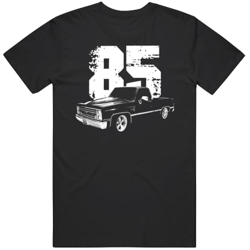 PurpleMonkeyTees 1985 C10 Pickup Front Three Quarter View with Year T Shirt XL Black