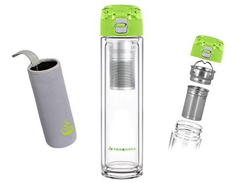 Teeflasche mit Sieb to go, Trinkflasche aus Glas, doppelwandig, Neopren-Hülle, grün Teeflasche mit Sieb to go, Trinkflasche aus Glas, doppelwandig, Neopren-Hülle, grün