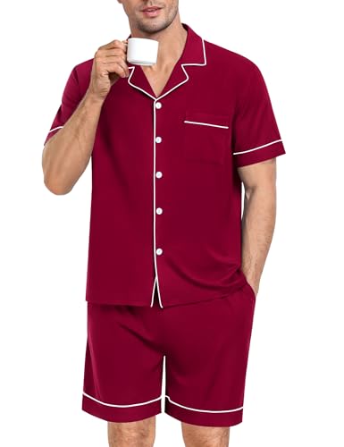 Image of SWOMOG Mens Pajama Set Short Sleeve 2 PCS Sleepwear Button Down Soft Loungewear Modal Set Pj Set with Pockets S-3XL