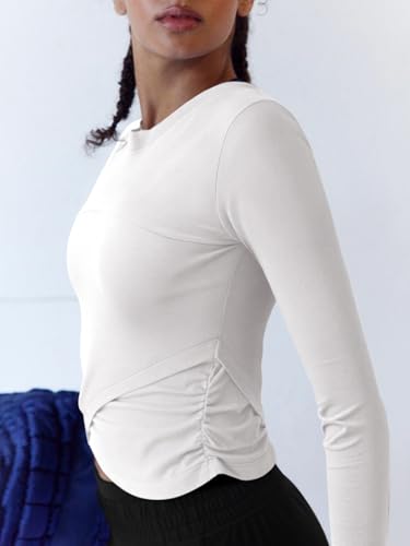LASLULU Womens Sexy Crossover Crop Top Long Sleeve Workout Tops Crewneck Athletic Yoga T-Shirts Fall Outfits2