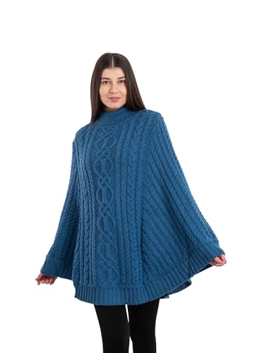 Image of SAOL 100% Merino Wool Cable Knit Ladies Irish Aran Poncho Cardigan