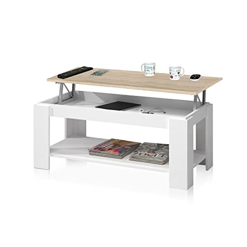 Mesa Centro con revistero, Mesa elevable, mesita Mueble Salon Comedor, Acabado en Blanco Artik y Roble Canadian, Medidas: 102 cm (Largo) x 43/54 cm (Alto) x 50 cm (Fondo)