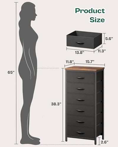 Huuger Tall Dresser for Bedroom, 6 Drawer Dresser & Chests of Drawers, Fabric Dresser for Closet, Bedroom, Night Stand, End Table with Metal Frame, Storage Tower, Rustic Brown and Black