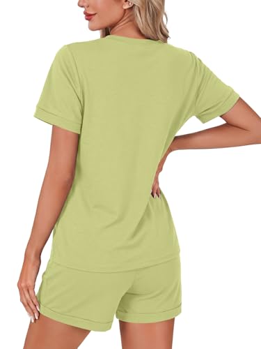 Image of LYANER Pajama Set for Women 2 Piece Lounge Set Striped Crew neck Short Sleeve Tops and Shorts Soft Sleepwear