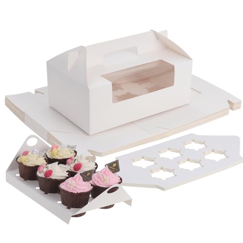 Coolty 20pcs Cajas para Tartas 6 Agujeros Cajas para Cupcakes con Asa para Embalaje Panadería Pastelería Galletas Magdalenas Cupcakes Postres Tartas (Blanco)
